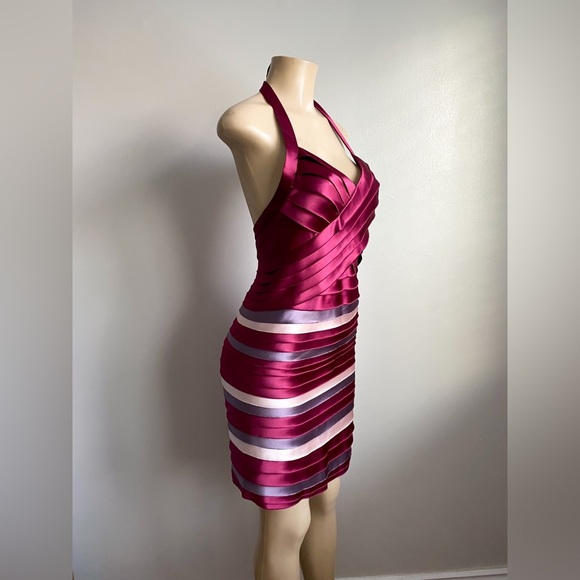 BCBGMAXAZRIA Satin Tiered Halter Y2K Mini Bodycon Backless Shutter Pleatef Dress - Picture 2 of 11